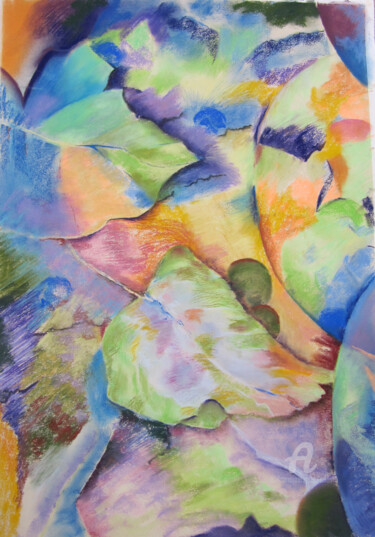 Painting titled "histoire de feuilles" by Claudette Allosio, Original Artwork, Pastel