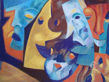 Peinture intitulée "Histoire de masques" par Claudette Allosio, Œuvre d'art originale, Pastel