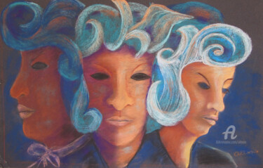 Painting titled "Masques et profils" by Claudette Allosio, Original Artwork, Other