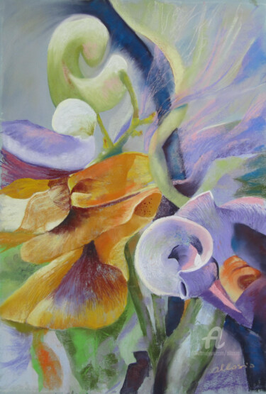 Painting titled "calligraphie-floral…" by Claudette Allosio, Original Artwork, Pastel