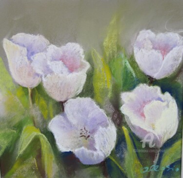 Painting titled "tulipes-blanches" by Claudette Allosio, Original Artwork, Pastel
