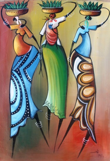 Pintura intitulada "Filhas do pescador" por Ally José Moiane, Obras de arte originais, Acrílico