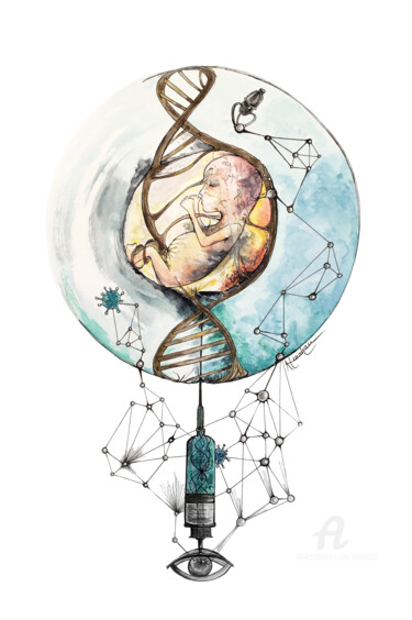 Malerei mit dem Titel "Big Data Baby" von Almakan, Original-Kunstwerk, Aquarell