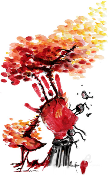 Pintura titulada "La main rouge" por Almakan, Obra de arte original, Acuarela
