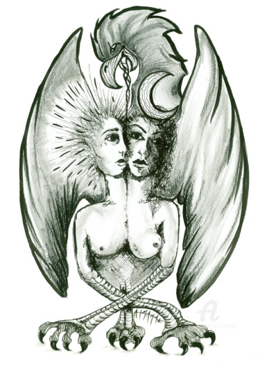 Рисунок под названием "L'hermaphrodite" - Almakan, Подлинное произведение искусства, Чернила