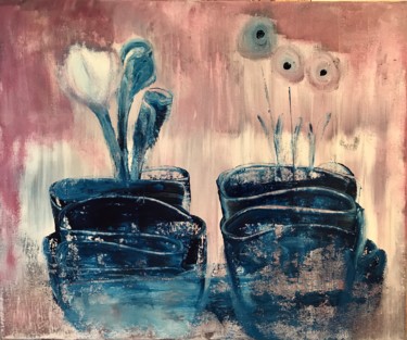 Peinture intitulée "Fleurs dans pots bl…" par Anna Coccia, Œuvre d'art originale, Acrylique