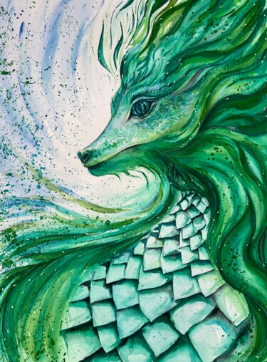 Malarstwo zatytułowany „Green Dragon” autorstwa Alona Bogachenko, Oryginalna praca, Akwarela