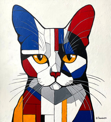 Schilderij getiteld "Mondrian's cat" door Alona Cherniavska, Origineel Kunstwerk, Acryl