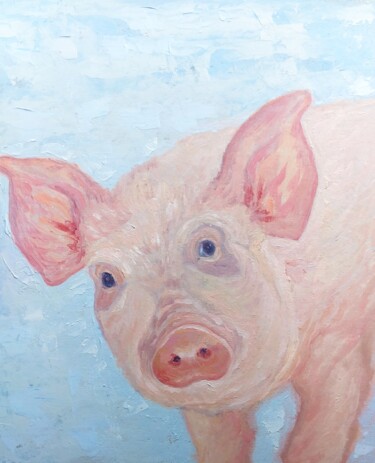 Painting titled "Pig painting Portra…" by Alona Santhorieieva, Original Artwork, Oil Mounted on Cardboard