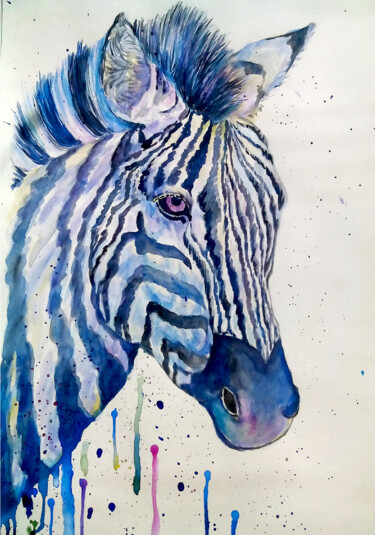 Painting titled "Zebra watercolor pa…" by Alona Santhorieieva, Original Artwork, Watercolor