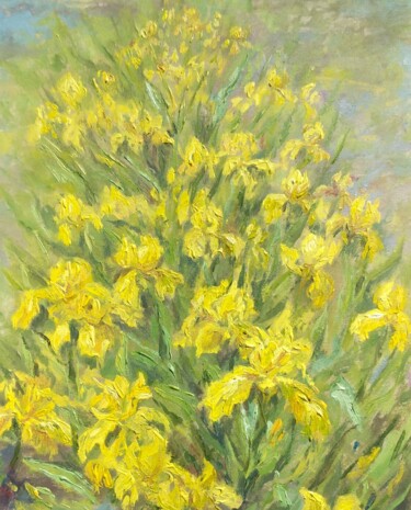 Painting titled "Yellow irises paint…" by Alona Santhorieieva, Original Artwork, Oil