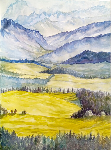 Painting titled "Foggy mountains wat…" by Alona Santhorieieva, Original Artwork, Watercolor
