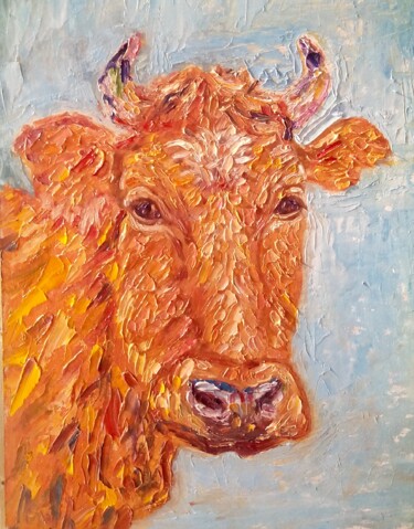 Painting titled "Cow oil painting,Pe…" by Alona Santhorieieva, Original Artwork, Oil