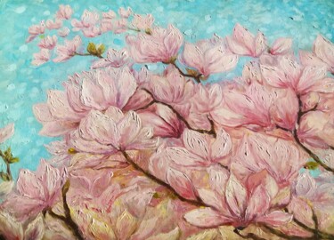 Painting titled "Magnolia oil painti…" by Alona Santhorieieva, Original Artwork, Oil Mounted on Wood Stretcher frame