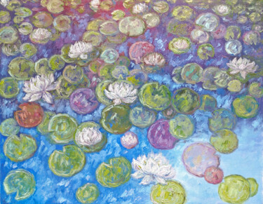 Painting titled "Water lilies oil pa…" by Alona Santhorieieva, Original Artwork, Oil Mounted on Wood Stretcher frame