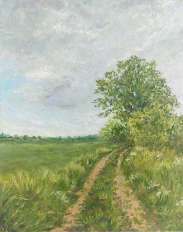 Malerei mit dem Titel "Landscape Field Oil…" von Alona Santhorieieva, Original-Kunstwerk, Öl