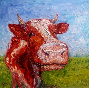 Malerei mit dem Titel "Cow oil painting,Pe…" von Alona Santhorieieva, Original-Kunstwerk, Öl