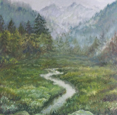 Pittura intitolato "Mountain Forest Pai…" da Alona Santhorieieva, Opera d'arte originale, Olio