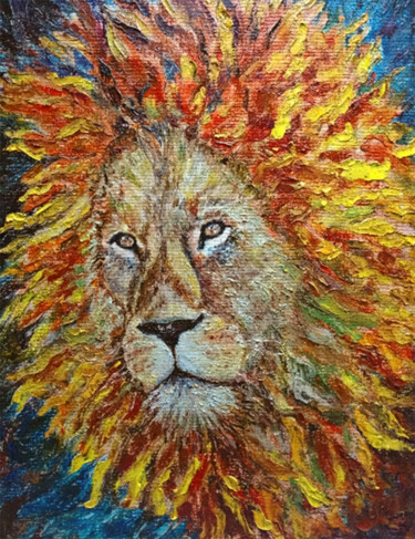 Painting titled "Lion oil painting,O…" by Alona Santhorieieva, Original Artwork, Oil Mounted on Wood Stretcher frame