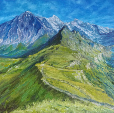 Painting titled "Alps mountains pain…" by Alona Santhorieieva, Original Artwork, Oil Mounted on Wood Stretcher frame