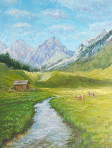 Peinture intitulée "Alps mountains land…" par Alona Santhorieieva, Œuvre d'art originale, Huile