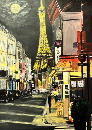 Painting titled "Une nuit à paris" by Along Xu, Original Artwork, Acrylic Mounted on Wood Stretcher frame