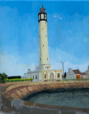 Painting titled "Le Phare Dunkerquois" by Along Xu, Original Artwork, Acrylic Mounted on Wood Stretcher frame