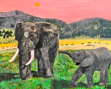 Pintura titulada "Éléphant et éléphan…" por Along Xu, Obra de arte original, Acrílico Montado en Bastidor de camilla de made…