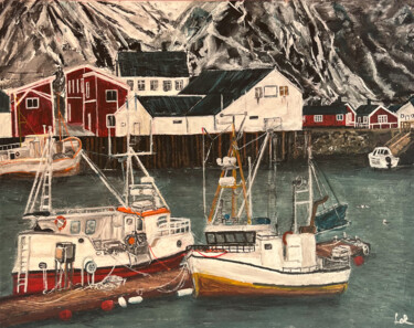 Painting titled "Norway village" by Along Xu, Original Artwork, Acrylic Mounted on Wood Stretcher frame