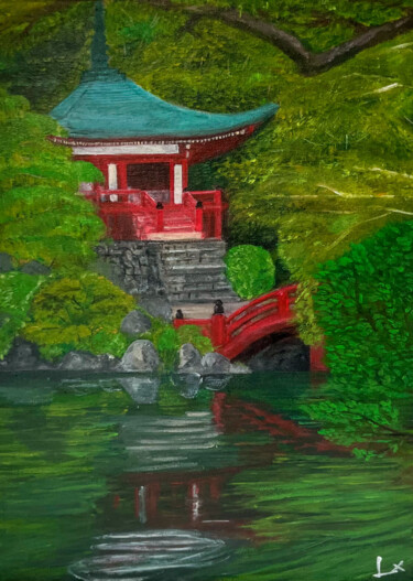 Painting titled "la pagode japonais" by Along Xu, Original Artwork, Acrylic Mounted on Wood Stretcher frame