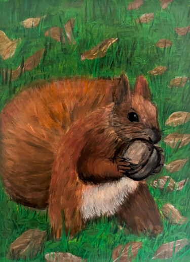 Peinture intitulée "Écureuil roux" par Along Xu, Œuvre d'art originale, Acrylique