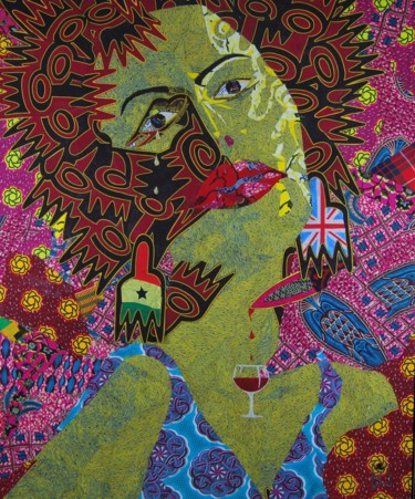 Textilkunst mit dem Titel "Diaspora Dilemmas" von Kwame Akpokavi, Original-Kunstwerk, Collagen Auf Keilrahmen aus Holz monti…