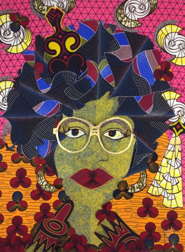 Textile Art titled "Soul sister" by Kwame Akpokavi, Original Artwork, Collages Mounted on Wood Stretcher frame