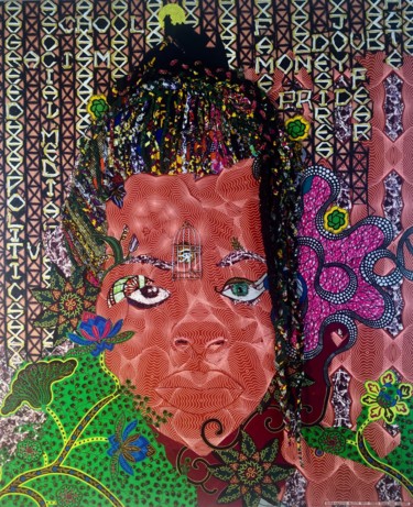 「Influences」というタイトルのテキスタイルアート Kwame Akpokaviによって, オリジナルのアートワーク, コラージュ ウッドストレッチャーフレームにマウント