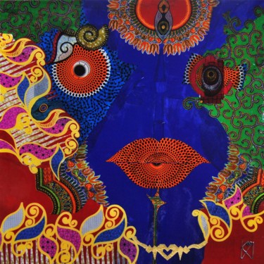 제목이 "Influences On Self"인 섬유 예술 Kwame Akpokavi로, 원작, 콜라주 나무 들것 프레임에 장착됨
