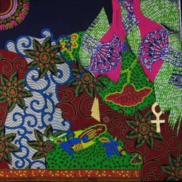 Textile Art με τίτλο "More Than Human" από Kwame Akpokavi, Αυθεντικά έργα τέχνης, Κολάζ Τοποθετήθηκε στο Ξύλινο φορείο σκελε…