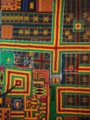 "Sankofa, picking up…" başlıklı Tekstil Sanatı Kwame Akpokavi tarafından, Orijinal sanat, Kolaj Ahşap Sedye çerçevesi üzerin…