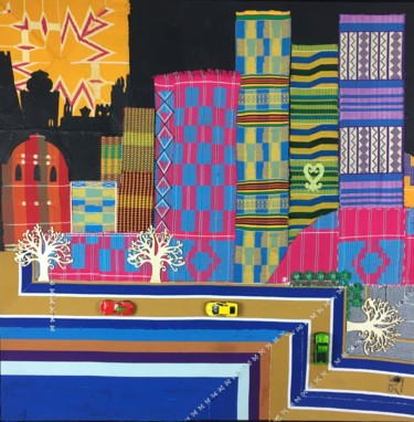 Textilkunst mit dem Titel "Afritecture" von Kwame Akpokavi, Original-Kunstwerk, Collagen Auf Keilrahmen aus Holz montiert
