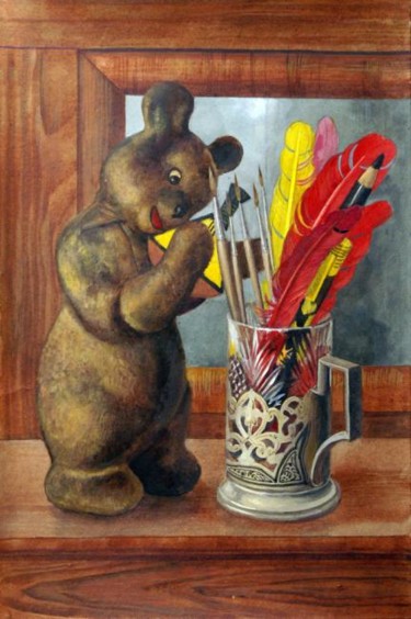 Картина под названием "Мишка с подстаканни…" - Алексей Остаев, Подлинное произведение искусства