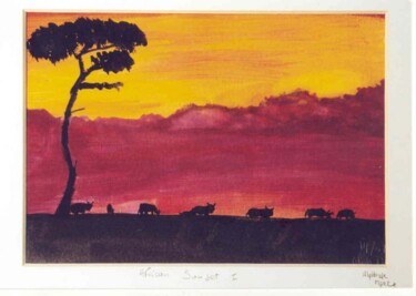 Painting titled "African Sunset I" by Alphonse Mpeke, Original Artwork, Oil