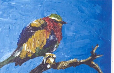 Painting titled "Fishing Bird" by Alphonse Mpeke, Original Artwork, Oil