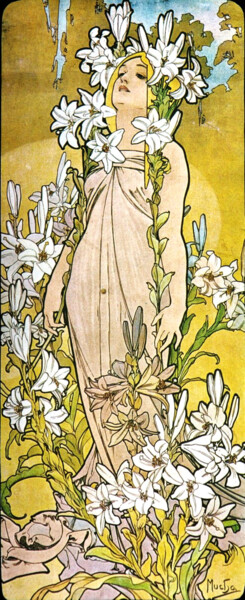 Druckgrafik mit dem Titel "Fleurs, "Lys"" von Alphonse Mucha, Original-Kunstwerk, Lithographie