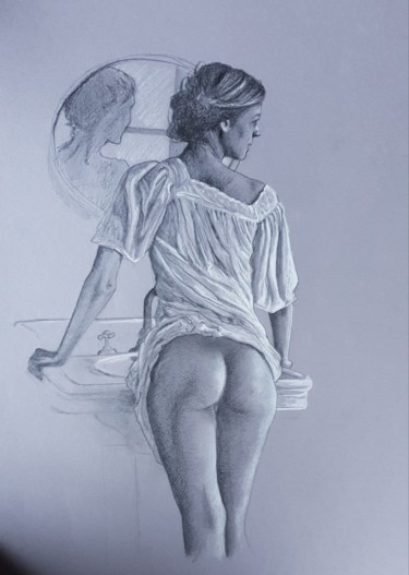 Zeichnungen mit dem Titel "La femme au lavabo" von Ludovic Perrenoud, Original-Kunstwerk, Bleistift