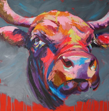 Painting titled "Funky Vache d'Hérens" by Ludovic Perrenoud, Original Artwork, Oil
