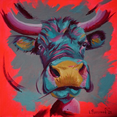 Painting titled "Vache rose fluo" by Ludovic Perrenoud, Original Artwork, Oil