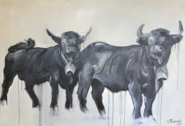 Schilderij getiteld "Vaches dans le pré" door Ludovic Perrenoud, Origineel Kunstwerk, Olie