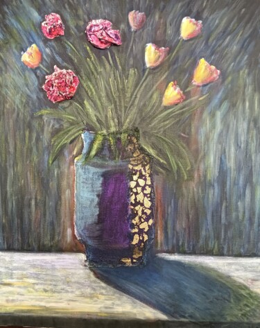 Painting titled "Fleurs dans le vase…" by Alsin, Original Artwork, Oil
