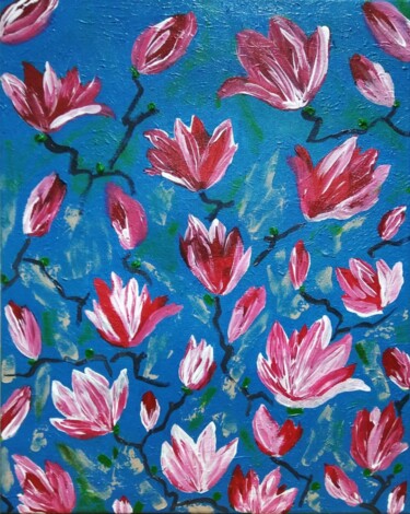 Painting titled "Spring magnolias" by Alsou Amalia, Original Artwork, Acrylic Mounted on Wood Stretcher frame