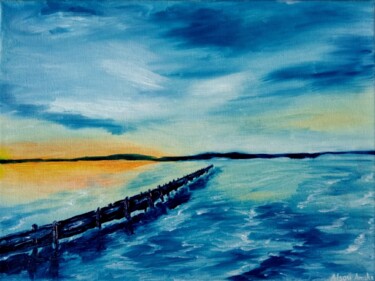 Painting titled "Sunset and Bridge" by Alsou Amalia, Original Artwork, Oil Mounted on Wood Stretcher frame