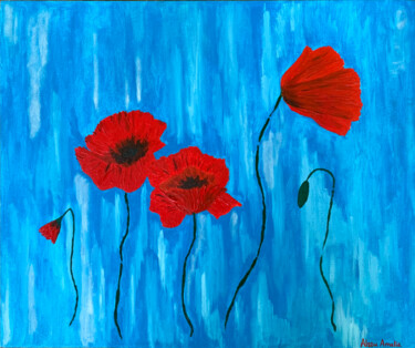 Painting titled "Poppies" by Alsou Amalia, Original Artwork, Oil Mounted on Wood Stretcher frame